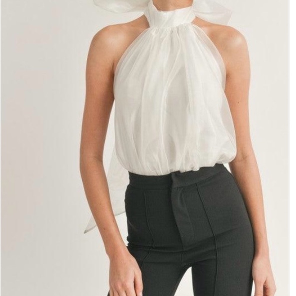 Klesis open back halter bow tie organza bodysuit